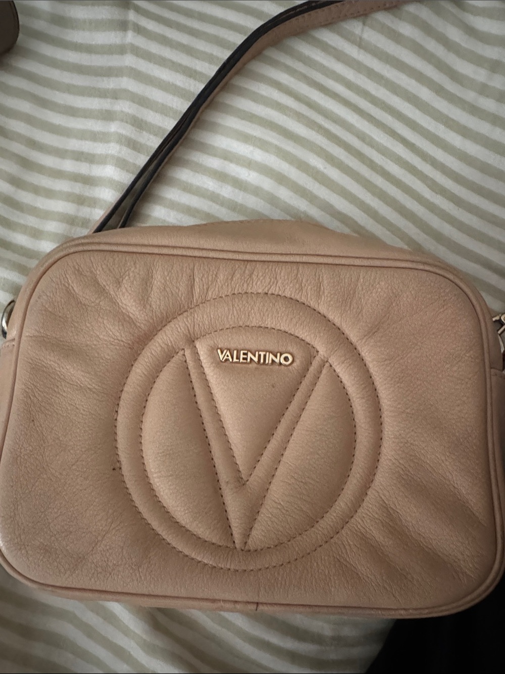 Valentino Nude Beige Leather V-Logo Crossbody Bag